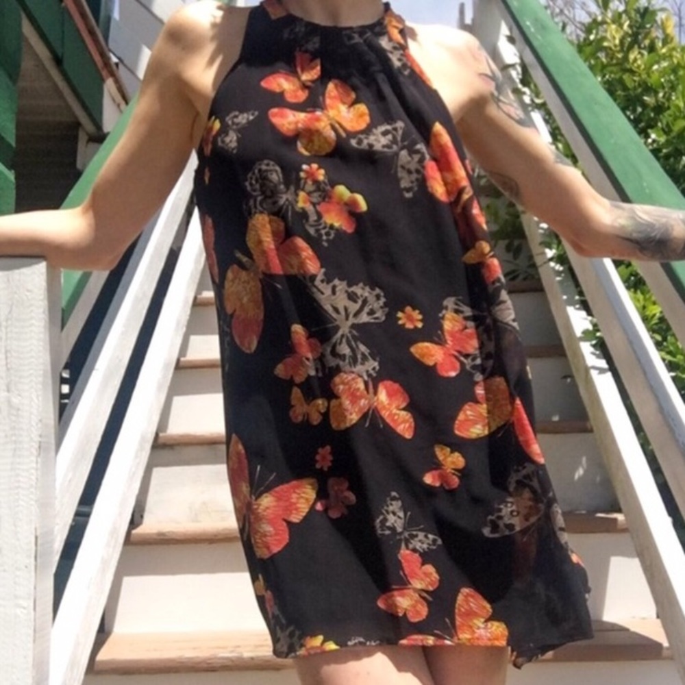Black multicolored sleeveless butterfly blouse